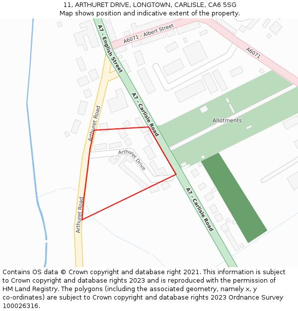 11, ARTHURET DRIVE, LONGTOWN, CARLISLE, CA6 5SG: Location map and indicative extent of plot