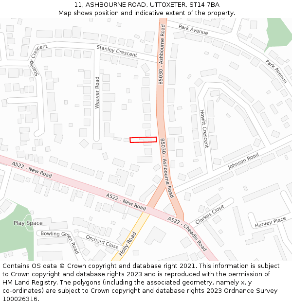 11, ASHBOURNE ROAD, UTTOXETER, ST14 7BA: Location map and indicative extent of plot