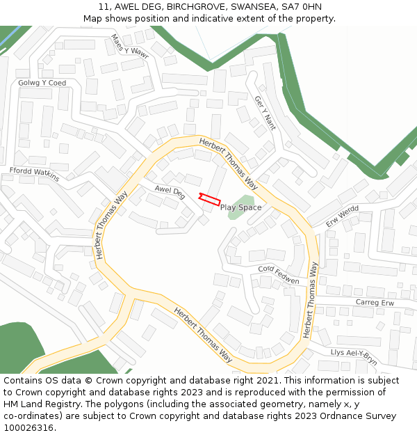11, AWEL DEG, BIRCHGROVE, SWANSEA, SA7 0HN: Location map and indicative extent of plot