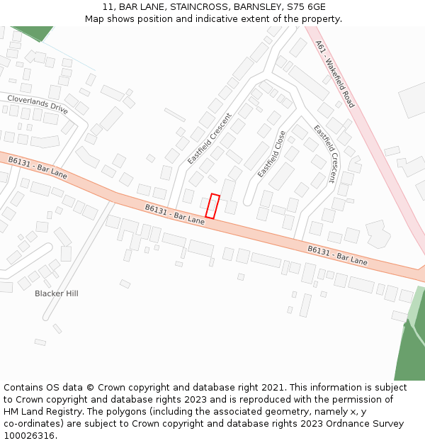 11, BAR LANE, STAINCROSS, BARNSLEY, S75 6GE: Location map and indicative extent of plot