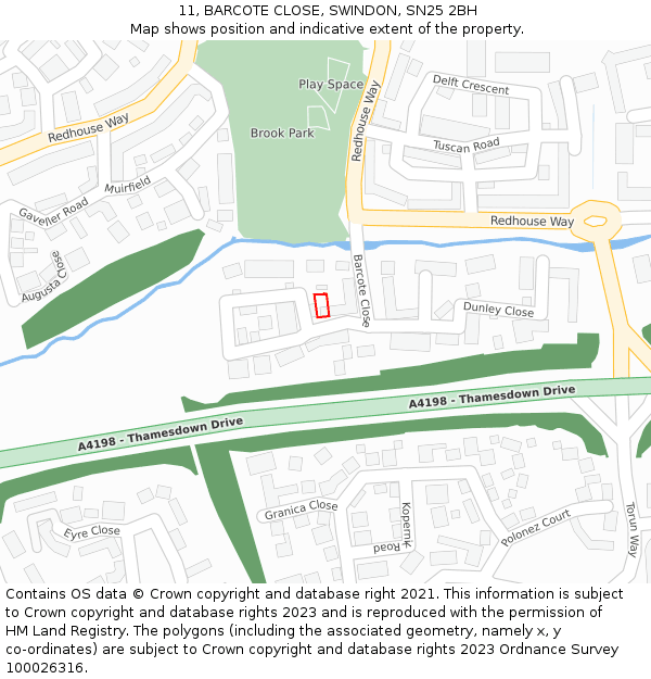 11, BARCOTE CLOSE, SWINDON, SN25 2BH: Location map and indicative extent of plot