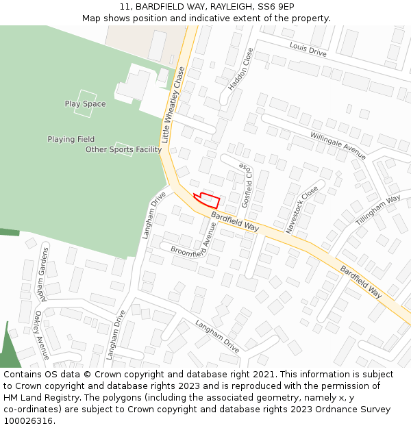 11, BARDFIELD WAY, RAYLEIGH, SS6 9EP: Location map and indicative extent of plot