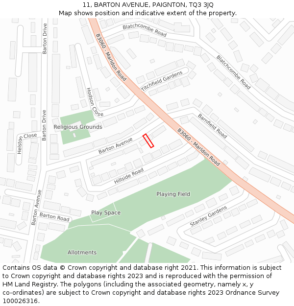 11, BARTON AVENUE, PAIGNTON, TQ3 3JQ: Location map and indicative extent of plot