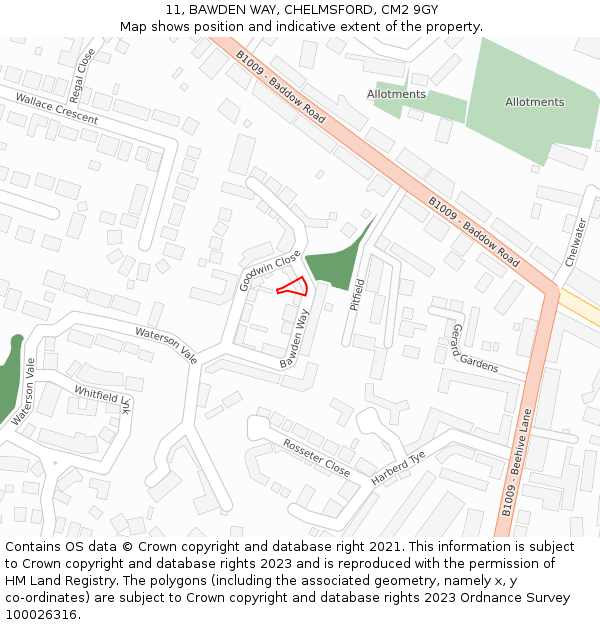 11, BAWDEN WAY, CHELMSFORD, CM2 9GY: Location map and indicative extent of plot