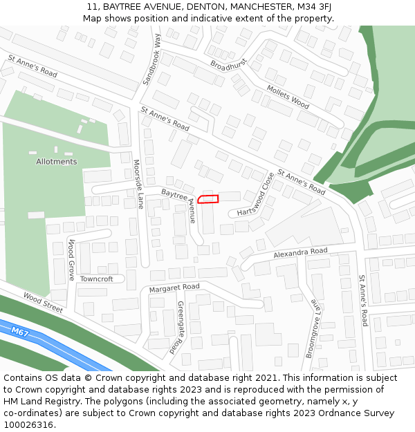 11, BAYTREE AVENUE, DENTON, MANCHESTER, M34 3FJ: Location map and indicative extent of plot