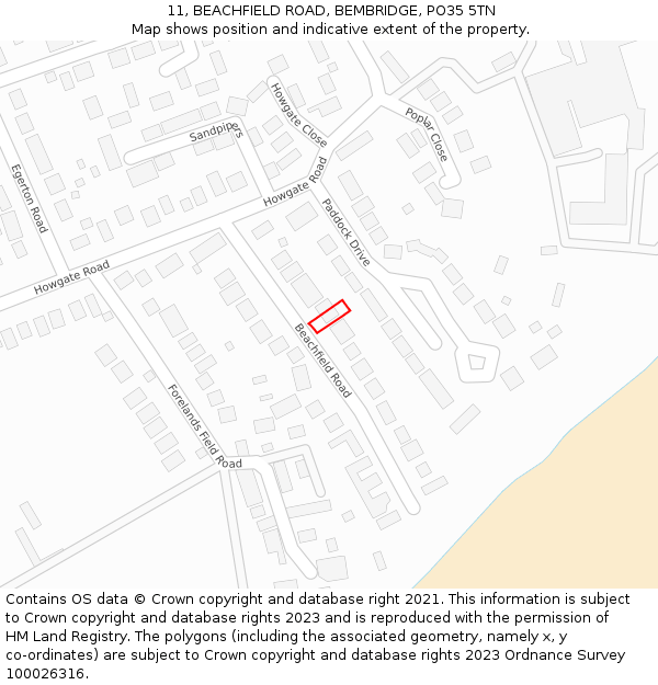 11, BEACHFIELD ROAD, BEMBRIDGE, PO35 5TN: Location map and indicative extent of plot
