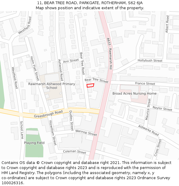 11, BEAR TREE ROAD, PARKGATE, ROTHERHAM, S62 6JA: Location map and indicative extent of plot