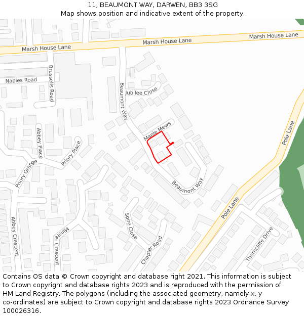 11, BEAUMONT WAY, DARWEN, BB3 3SG: Location map and indicative extent of plot