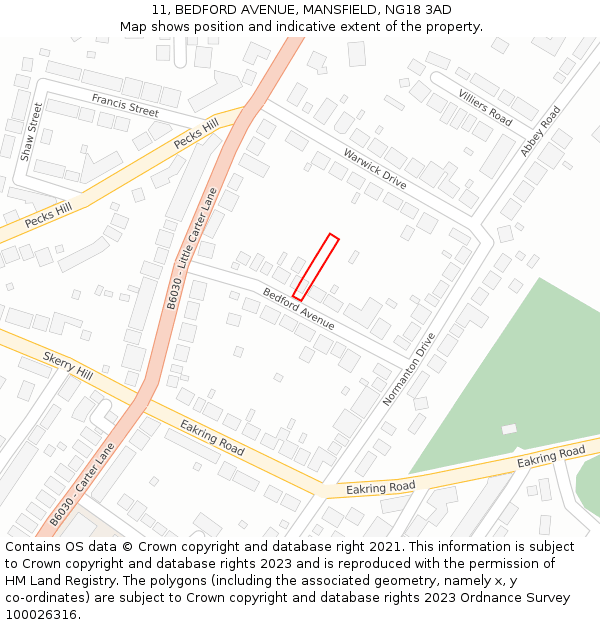 11, BEDFORD AVENUE, MANSFIELD, NG18 3AD: Location map and indicative extent of plot