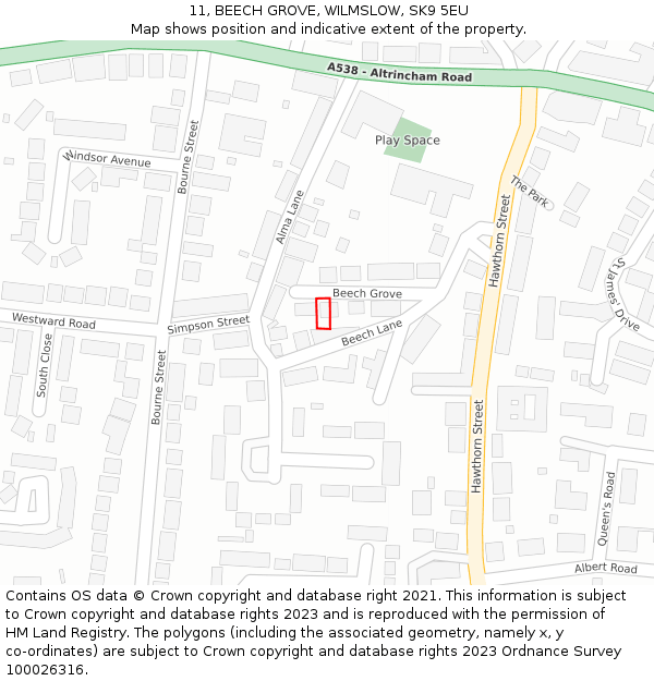 11, BEECH GROVE, WILMSLOW, SK9 5EU: Location map and indicative extent of plot