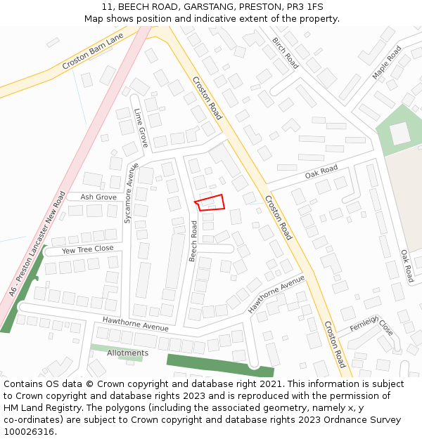 11, BEECH ROAD, GARSTANG, PRESTON, PR3 1FS: Location map and indicative extent of plot