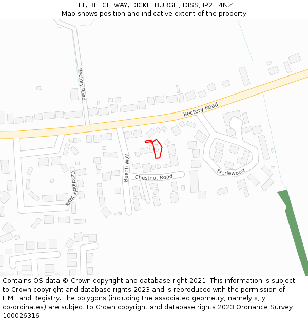 11, BEECH WAY, DICKLEBURGH, DISS, IP21 4NZ: Location map and indicative extent of plot