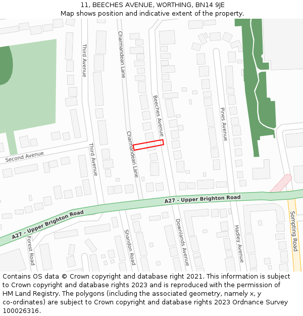11, BEECHES AVENUE, WORTHING, BN14 9JE: Location map and indicative extent of plot