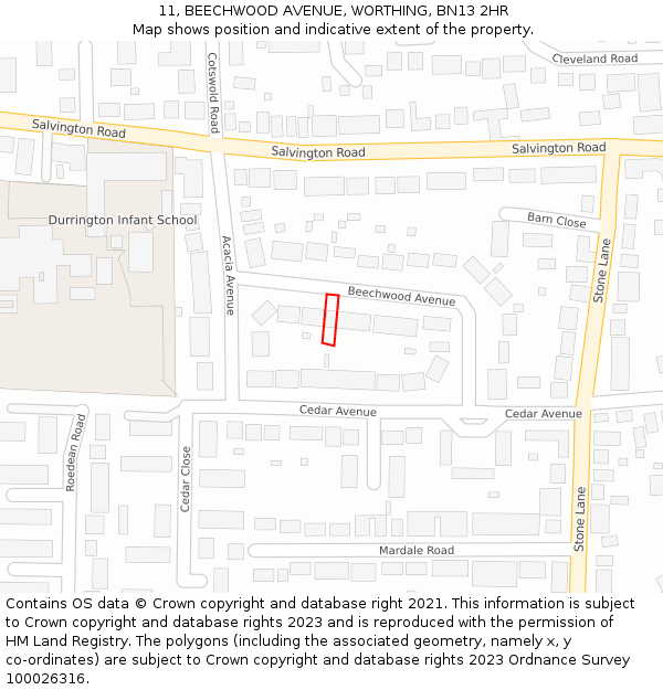 11, BEECHWOOD AVENUE, WORTHING, BN13 2HR: Location map and indicative extent of plot