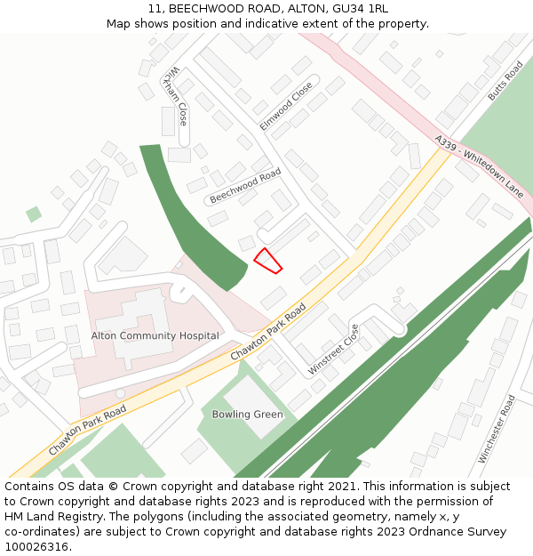 11, BEECHWOOD ROAD, ALTON, GU34 1RL: Location map and indicative extent of plot