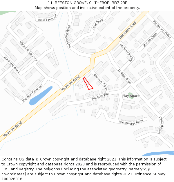 11, BEESTON GROVE, CLITHEROE, BB7 2RF: Location map and indicative extent of plot