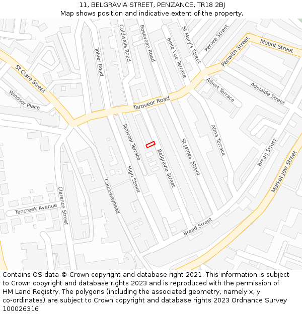 11, BELGRAVIA STREET, PENZANCE, TR18 2BJ: Location map and indicative extent of plot