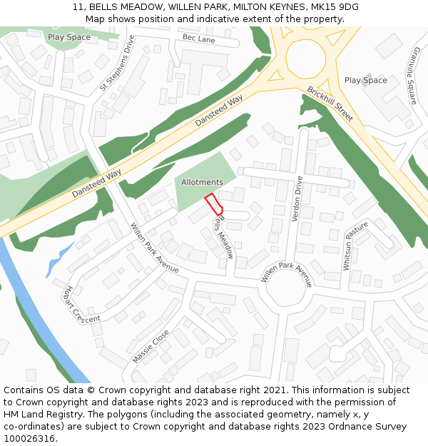 11, BELLS MEADOW, WILLEN PARK, MILTON KEYNES, MK15 9DG: Location map and indicative extent of plot