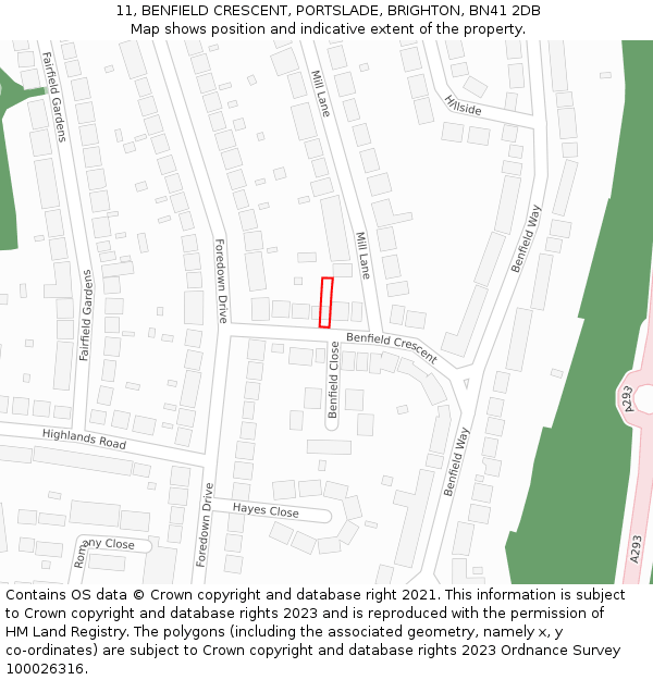 11, BENFIELD CRESCENT, PORTSLADE, BRIGHTON, BN41 2DB: Location map and indicative extent of plot