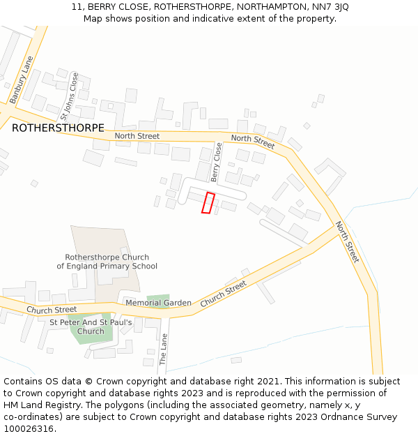 11, BERRY CLOSE, ROTHERSTHORPE, NORTHAMPTON, NN7 3JQ: Location map and indicative extent of plot