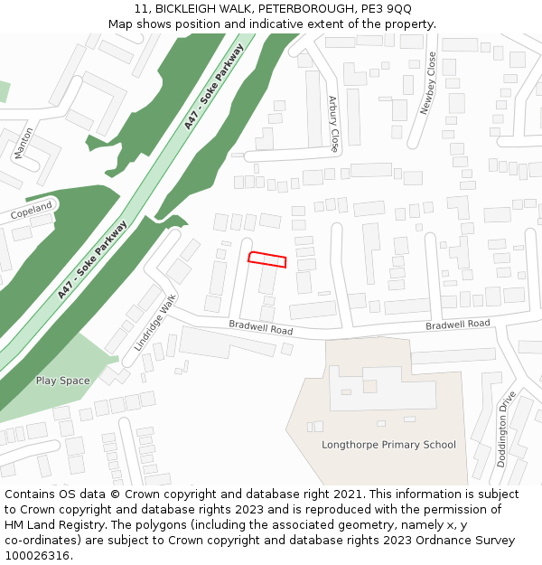 11, BICKLEIGH WALK, PETERBOROUGH, PE3 9QQ: Location map and indicative extent of plot