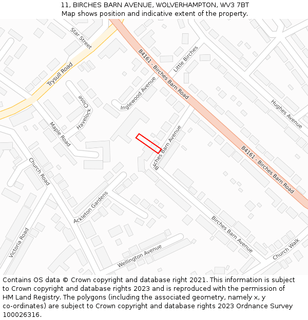 11, BIRCHES BARN AVENUE, WOLVERHAMPTON, WV3 7BT: Location map and indicative extent of plot