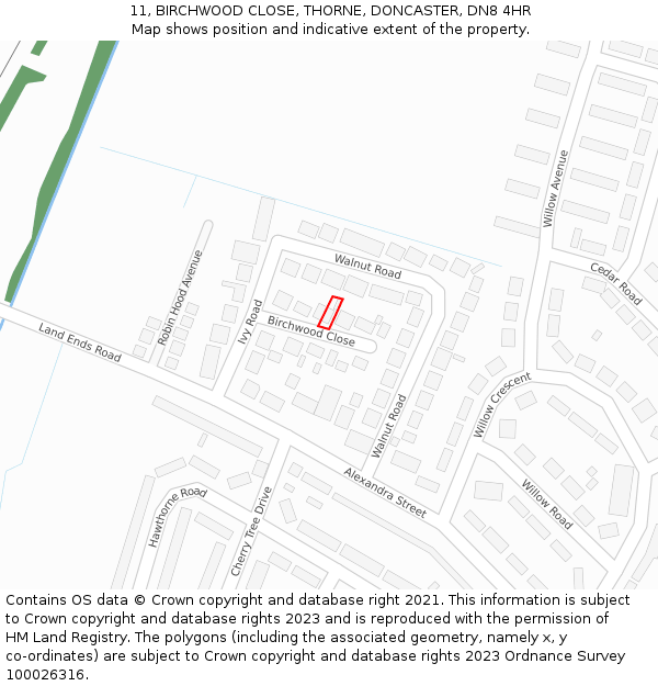 11, BIRCHWOOD CLOSE, THORNE, DONCASTER, DN8 4HR: Location map and indicative extent of plot