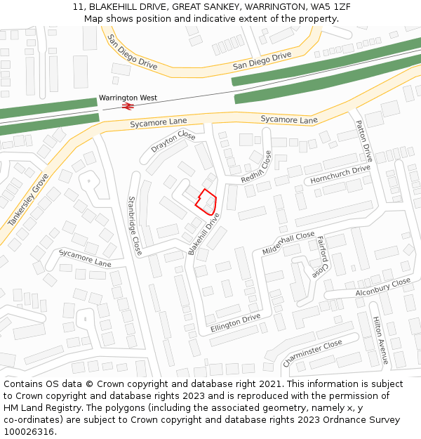 11, BLAKEHILL DRIVE, GREAT SANKEY, WARRINGTON, WA5 1ZF: Location map and indicative extent of plot
