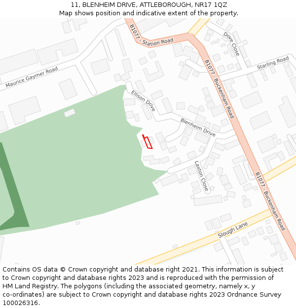 11, BLENHEIM DRIVE, ATTLEBOROUGH, NR17 1QZ: Location map and indicative extent of plot