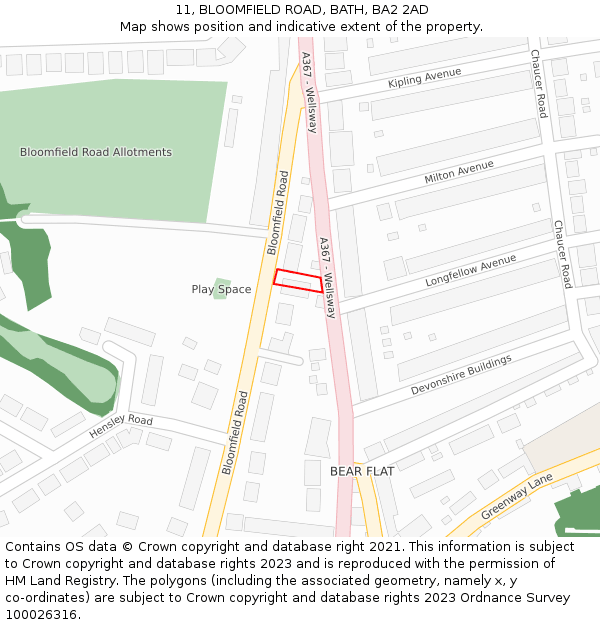 11, BLOOMFIELD ROAD, BATH, BA2 2AD: Location map and indicative extent of plot
