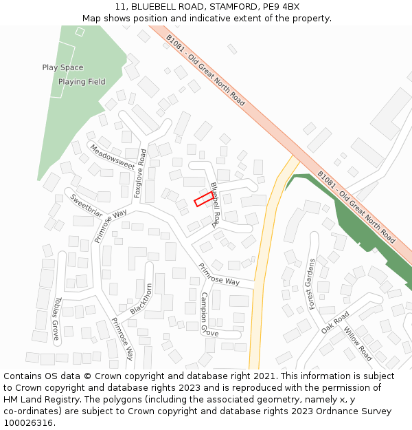11, BLUEBELL ROAD, STAMFORD, PE9 4BX: Location map and indicative extent of plot