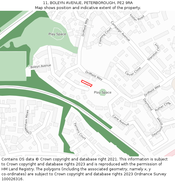 11, BOLEYN AVENUE, PETERBOROUGH, PE2 9RA: Location map and indicative extent of plot