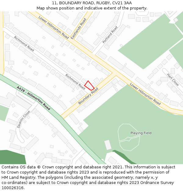 11, BOUNDARY ROAD, RUGBY, CV21 3AA: Location map and indicative extent of plot