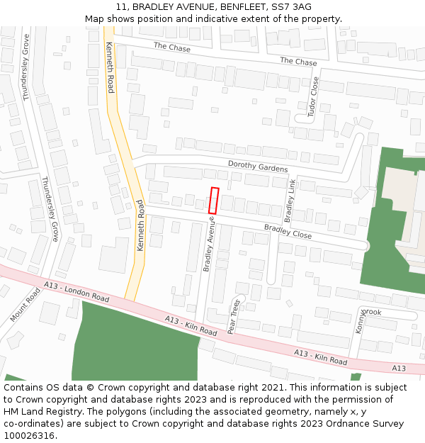 11, BRADLEY AVENUE, BENFLEET, SS7 3AG: Location map and indicative extent of plot