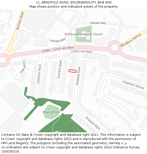 11, BRADPOLE ROAD, BOURNEMOUTH, BH8 9NX: Location map and indicative extent of plot