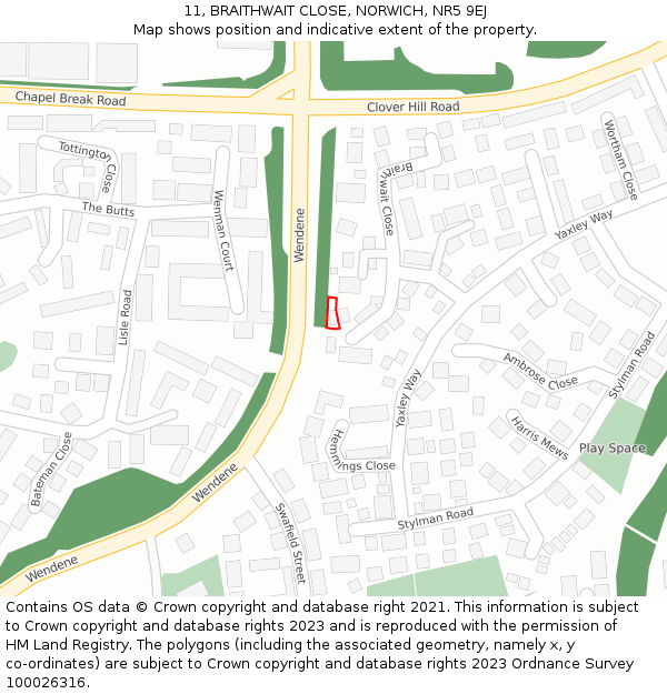 11, BRAITHWAIT CLOSE, NORWICH, NR5 9EJ: Location map and indicative extent of plot