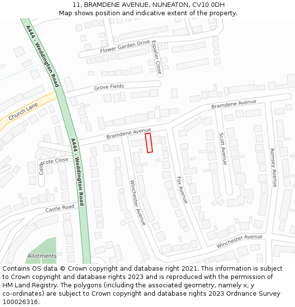 11, BRAMDENE AVENUE, NUNEATON, CV10 0DH: Location map and indicative extent of plot