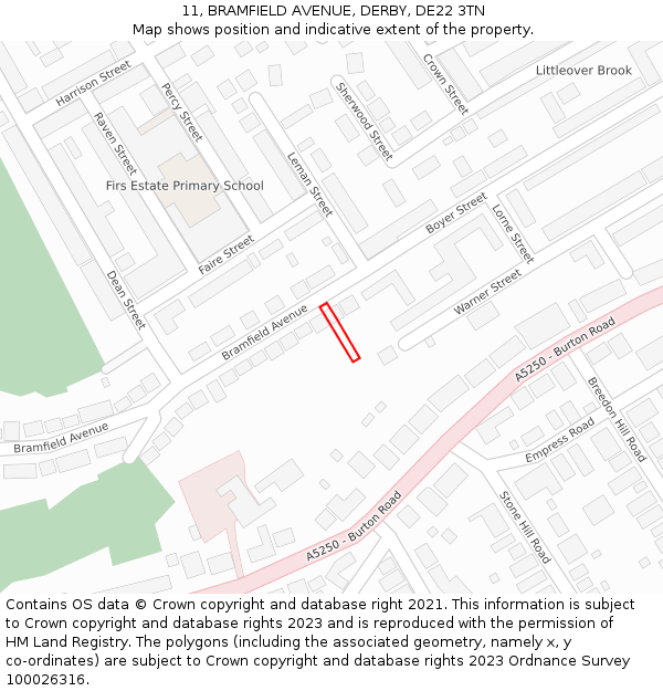 11, BRAMFIELD AVENUE, DERBY, DE22 3TN: Location map and indicative extent of plot