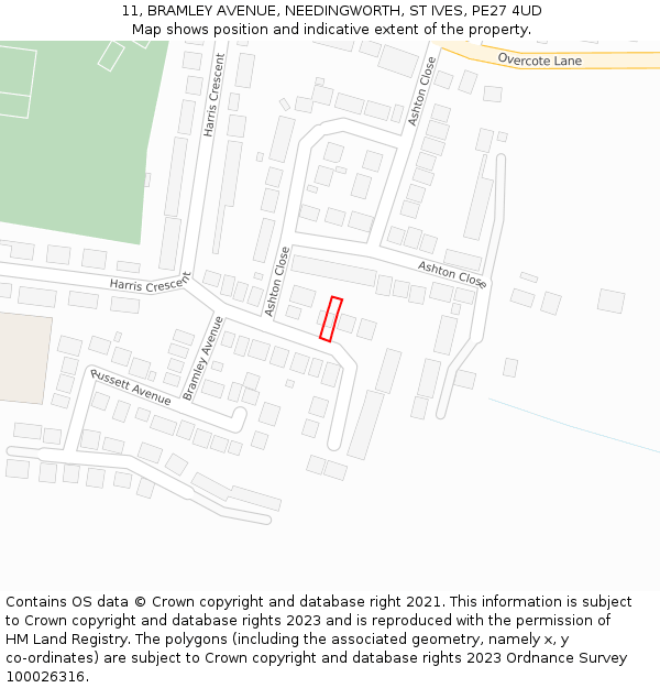 11, BRAMLEY AVENUE, NEEDINGWORTH, ST IVES, PE27 4UD: Location map and indicative extent of plot