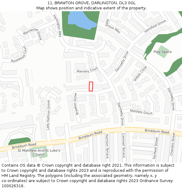 11, BRAWTON GROVE, DARLINGTON, DL3 0GL: Location map and indicative extent of plot