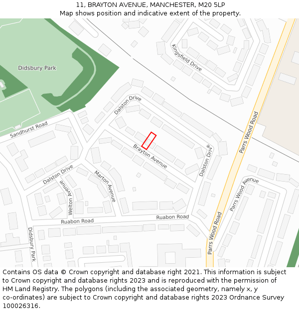 11, BRAYTON AVENUE, MANCHESTER, M20 5LP: Location map and indicative extent of plot