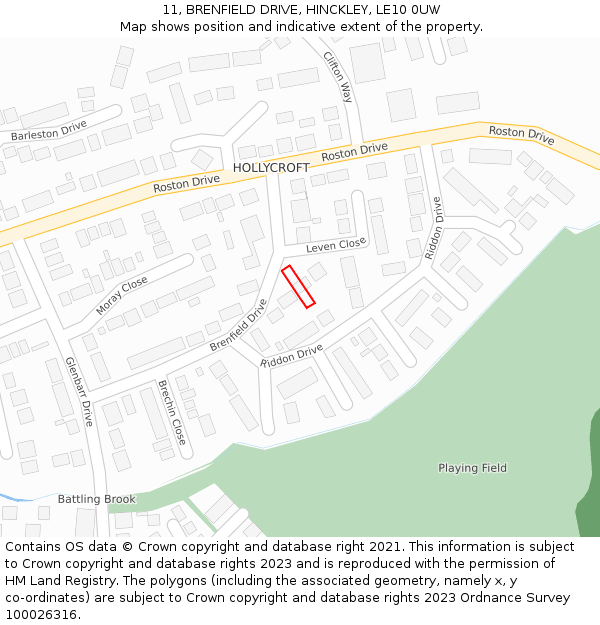 11, BRENFIELD DRIVE, HINCKLEY, LE10 0UW: Location map and indicative extent of plot