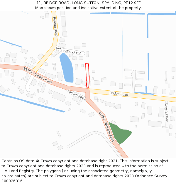 11, BRIDGE ROAD, LONG SUTTON, SPALDING, PE12 9EF: Location map and indicative extent of plot