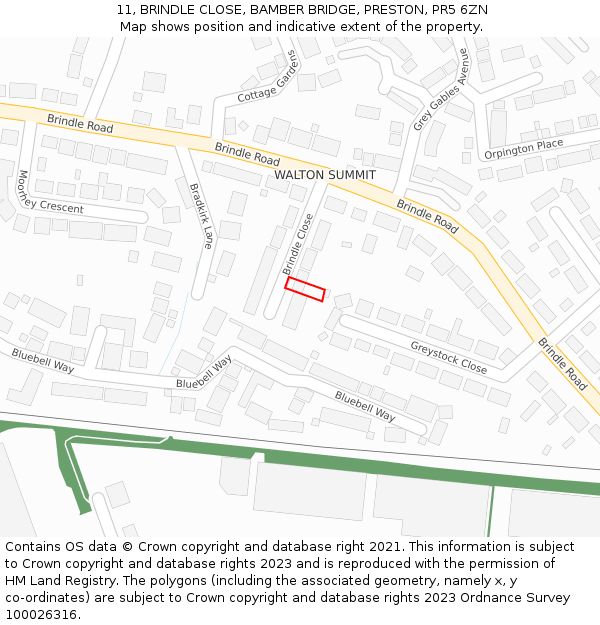 11, BRINDLE CLOSE, BAMBER BRIDGE, PRESTON, PR5 6ZN: Location map and indicative extent of plot