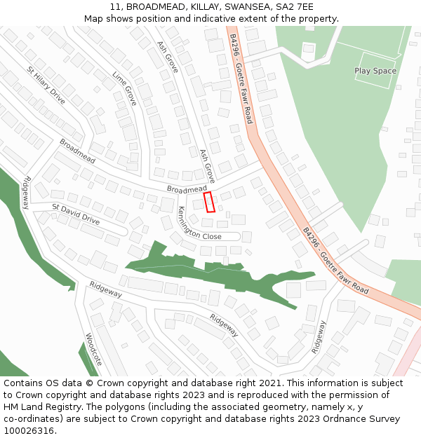 11, BROADMEAD, KILLAY, SWANSEA, SA2 7EE: Location map and indicative extent of plot