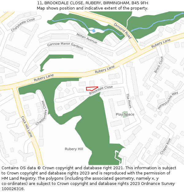 11, BROOKDALE CLOSE, RUBERY, BIRMINGHAM, B45 9FH: Location map and indicative extent of plot