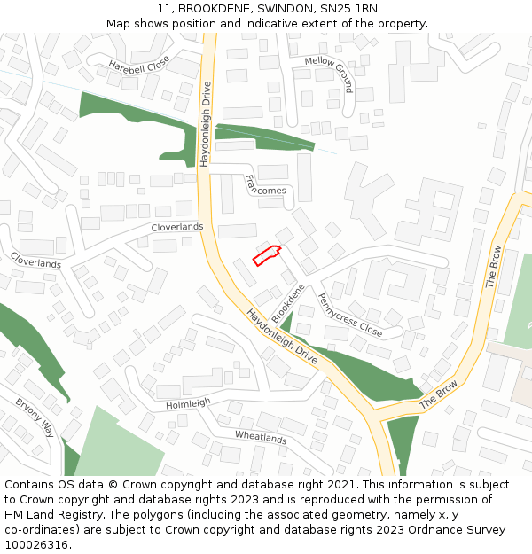 11, BROOKDENE, SWINDON, SN25 1RN: Location map and indicative extent of plot