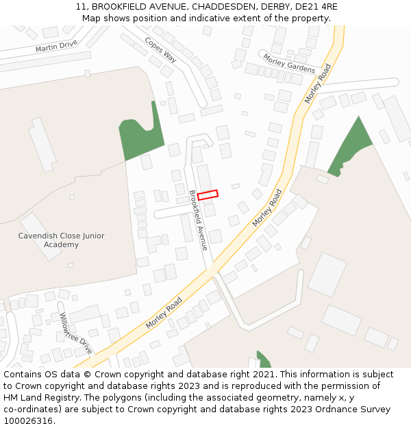 11, BROOKFIELD AVENUE, CHADDESDEN, DERBY, DE21 4RE: Location map and indicative extent of plot
