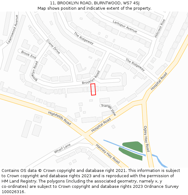 11, BROOKLYN ROAD, BURNTWOOD, WS7 4SJ: Location map and indicative extent of plot