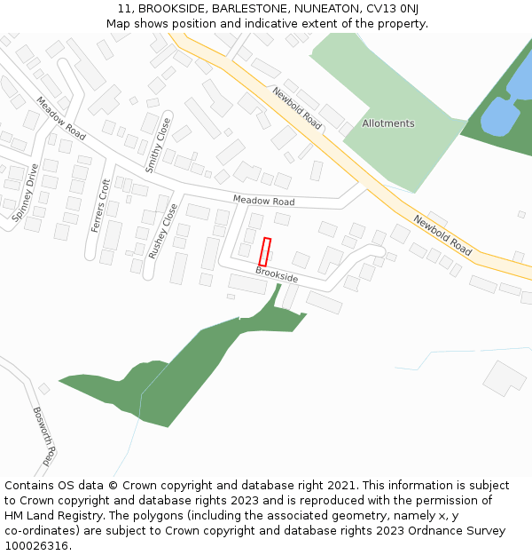 11, BROOKSIDE, BARLESTONE, NUNEATON, CV13 0NJ: Location map and indicative extent of plot